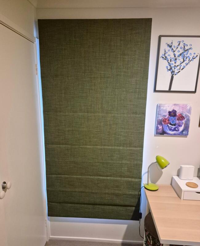 Green Roman Blind in Bedroom Study Shut