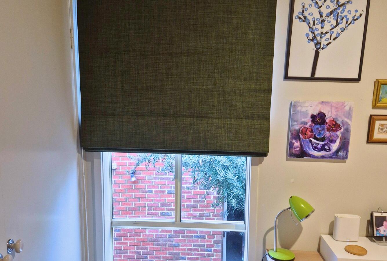 Green Roman Blind in Bedroom Study Open