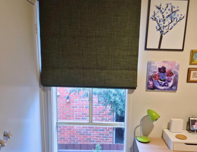 Green Roman Blind in Bedroom Study Open