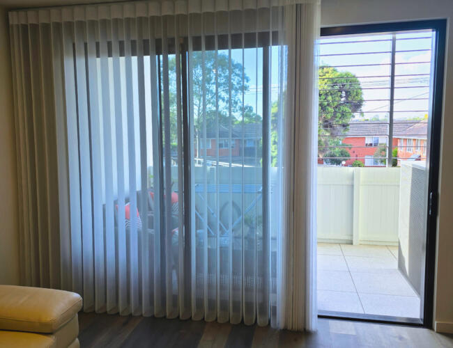 Veri Shades installed over balcony doorway, partially opened